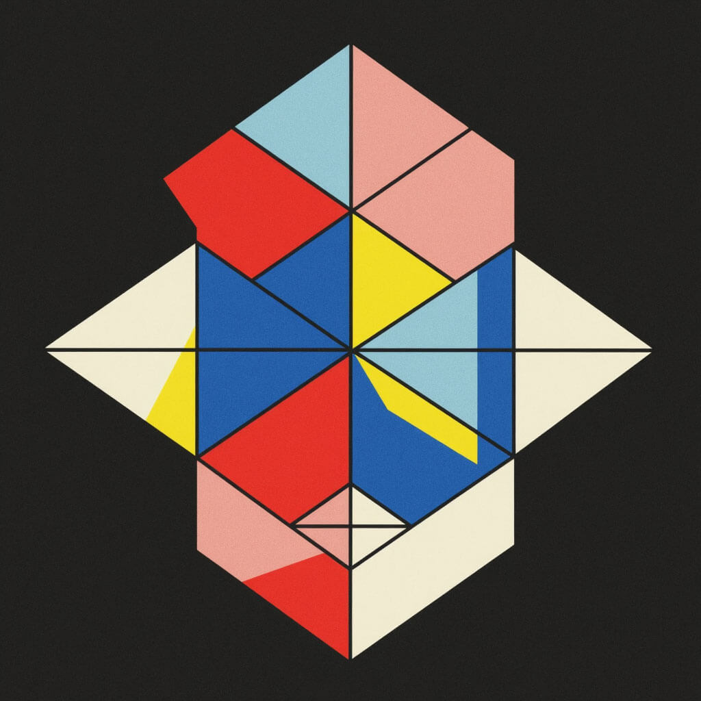 Isometrische geometrische Mosaikkomposition auf dunklem Hintergrund mit Kacheln, Dreiecken und Rhomben; präzise Bauhaus-ästhetik mit Akzenten in Rot, Blau und Gelb; sachlich-analytische Darstellung